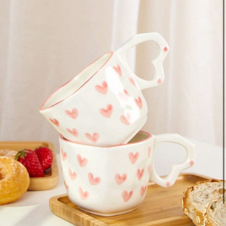 Heart-Shaped Porcelain Mug with Saucer - Pink Hearts