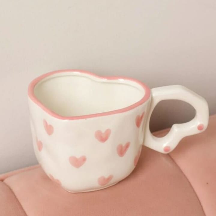 Heart-Shaped Porcelain Mug with Saucer - Pink Hearts