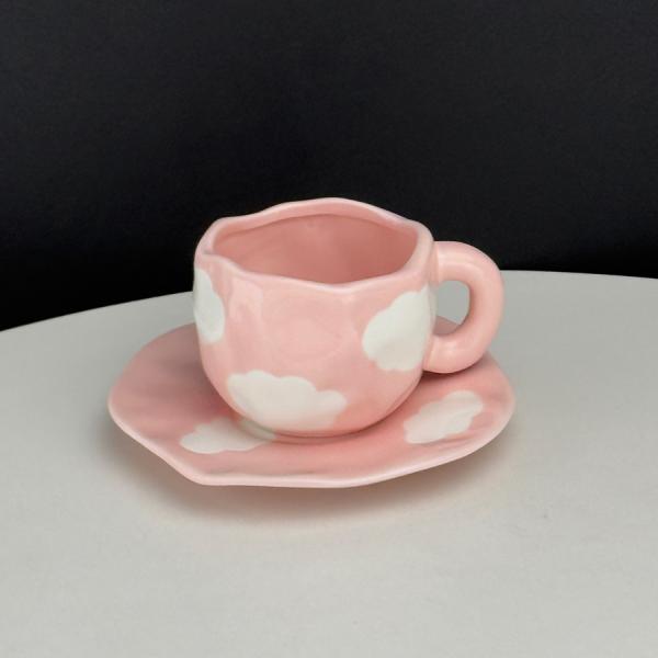 Cute Porcelain Mug Pink Cloud Design Pink Handle with Saucer