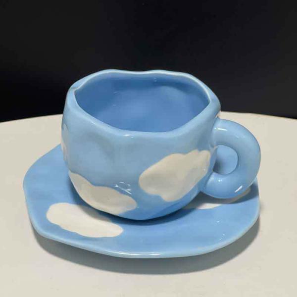 Cute Porcelain Mug Blue Sky Cloud Blue Handle with Saucer