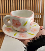 Cloud-Shaped Porcelain Mug with Saucer - Pink Blossom Floral