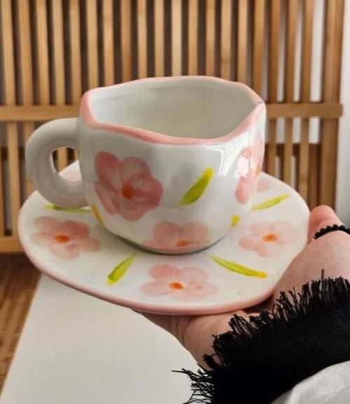 Cloud-Shaped Porcelain Mug with Saucer - Pink Blossom Floral