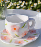 Cloud-Shaped Porcelain Mug with Saucer - Pink Blossom Floral