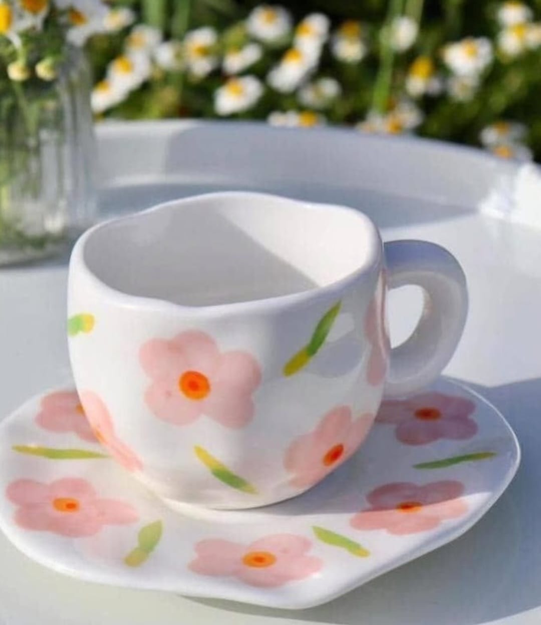 Cloud-Shaped Porcelain Mug with Saucer - Pink Blossom Floral