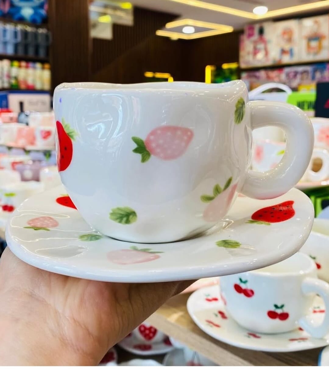 Floral Porcelain Mug Red Flowers White Handle with Saucer