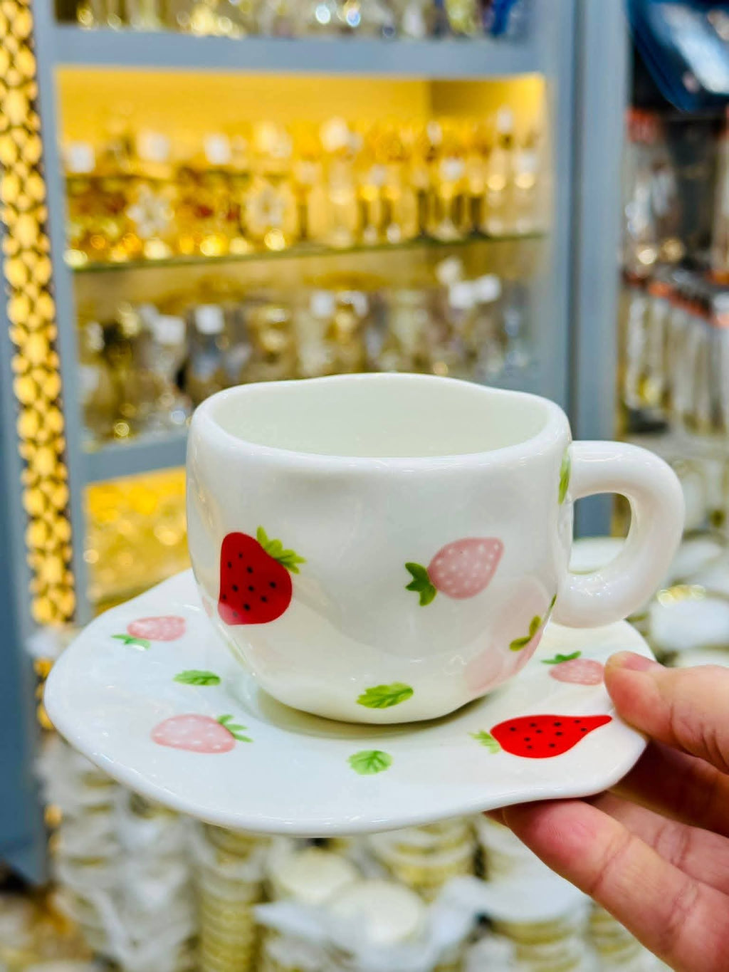 Floral Porcelain Mug Red Flowers White Handle with Saucer