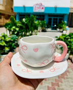 Cute Porcelain Mug Pink Bow Pattern White Pink Handle Saucer