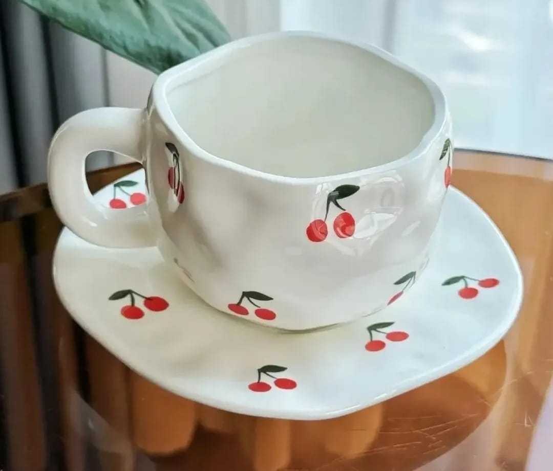 Cute Porcelain Mug Cherry Pattern White Handle with Saucer