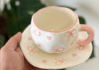 Cute Porcelain Mug Pink Bow Pattern White Pink Handle Saucer