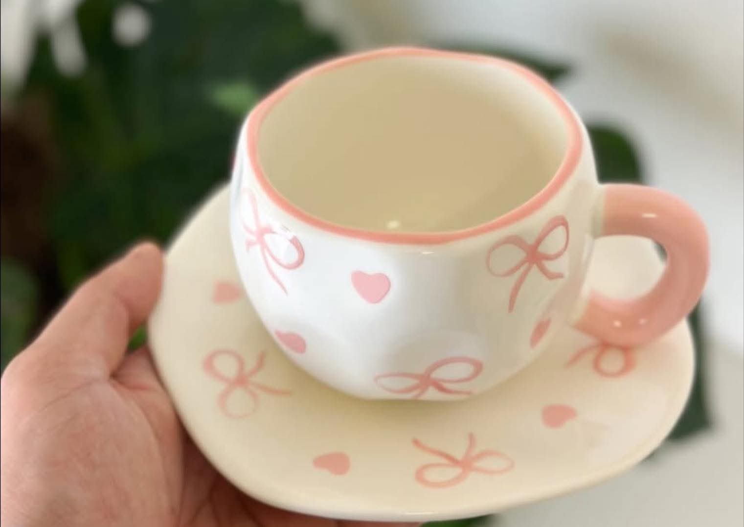 Cute Porcelain Mug Pink Bow Pattern White Pink Handle Saucer