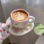 Cloud-Shaped Porcelain Mug with Saucer - Pink Blossom Floral