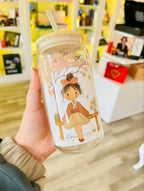 Autumn Girl Glass Tumbler - Bamboo Lid and Straw