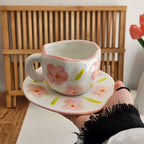 Cloud-Shaped Porcelain Mug with Saucer - Pink Blossom Floral