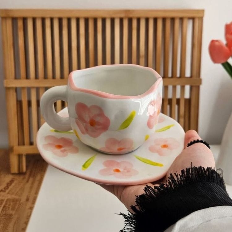 Cloud-Shaped Porcelain Mug with Saucer - Pink Blossom Floral