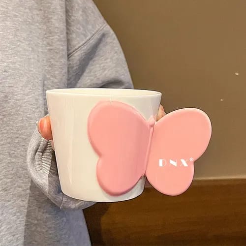 Butterfly Handle Porcelain Mug - White and Pink