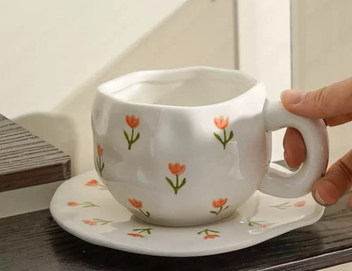 Cloud-Shaped Porcelain Mug with Saucer - Orange Tulip Floral