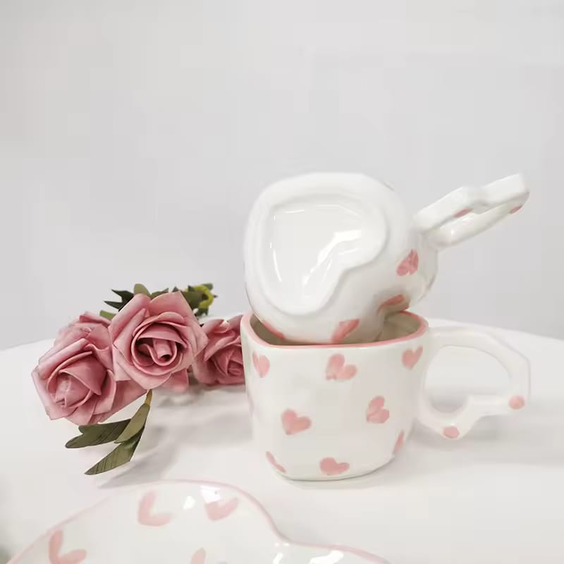Heart-Shaped Porcelain Mug with Saucer - Pink Hearts