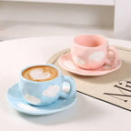 Cute Porcelain Mug Blue Sky Cloud Blue Handle with Saucer