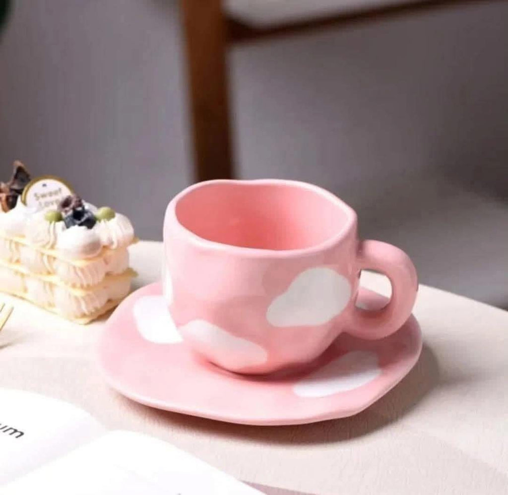 Cute Porcelain Mug Pink Cloud Design Pink Handle with Saucer