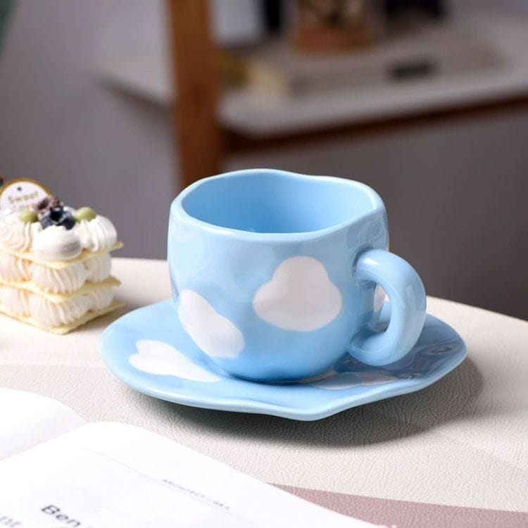 Cute Porcelain Mug Blue Sky Cloud Blue Handle with Saucer