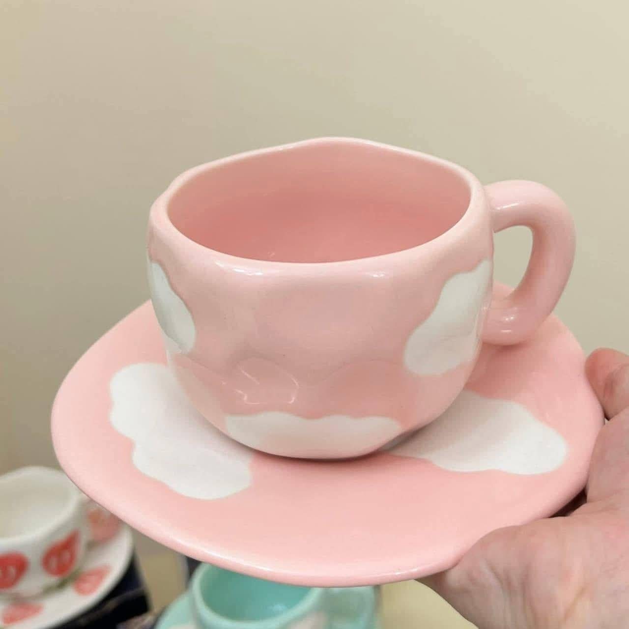 Cute Porcelain Mug Pink Cloud Design Pink Handle with Saucer