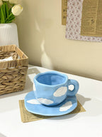 Cute Porcelain Mug Blue Sky Cloud Blue Handle with Saucer