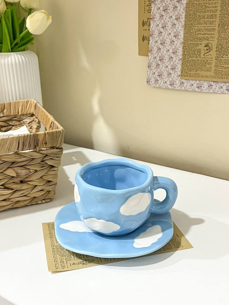 Cute Porcelain Mug Blue Sky Cloud Blue Handle with Saucer