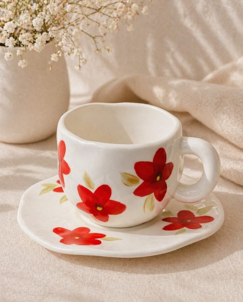 Floral Porcelain Mug Red Flowers White Handle with Saucer