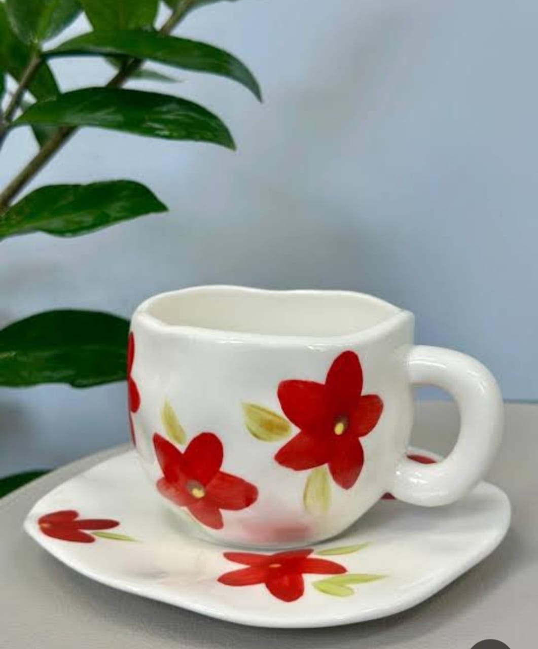 Floral Porcelain Mug Red Flowers White Handle with Saucer