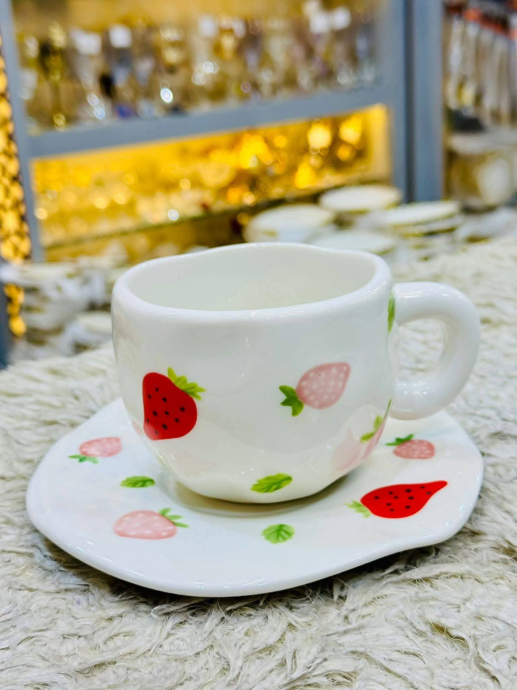 Floral Porcelain Mug Red Flowers White Handle with Saucer