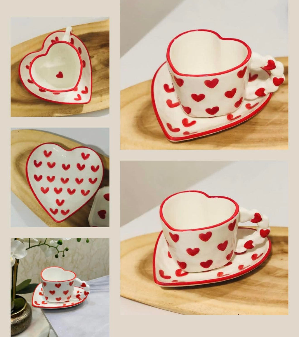 Cute Porcelain Mug Red Hearts Heart Shape White Handle Saucer