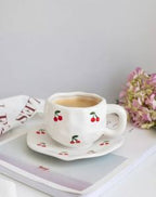 Cute Porcelain Mug Cherry Pattern White Handle with Saucer
