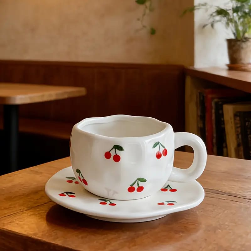 Cute Porcelain Mug Cherry Pattern White Handle with Saucer
