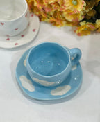 Cute Porcelain Mug Blue Sky Cloud Blue Handle with Saucer