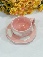 Cute Porcelain Mug Pink Cloud Design Pink Handle with Saucer
