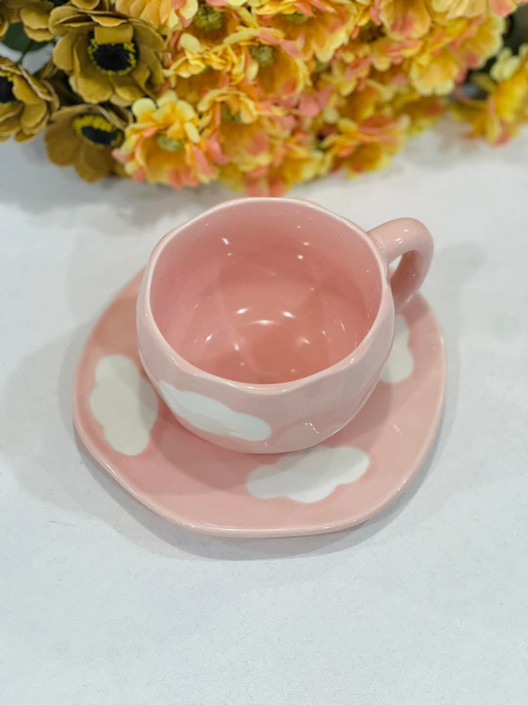 Cute Porcelain Mug Pink Cloud Design Pink Handle with Saucer