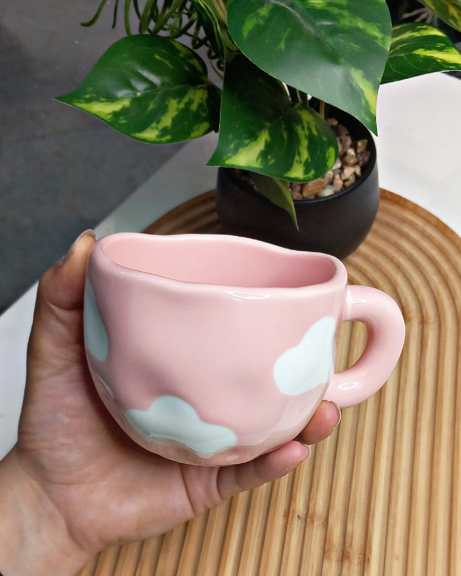 Cute Porcelain Mug Pink Cloud Design Pink Handle with Saucer