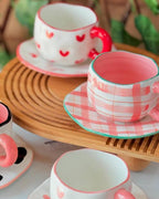 Elegant Porcelain Mug Pink Plaid Blue Rim with Saucer