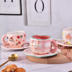 Elegant Porcelain Mug Pink Plaid Blue Rim with Saucer