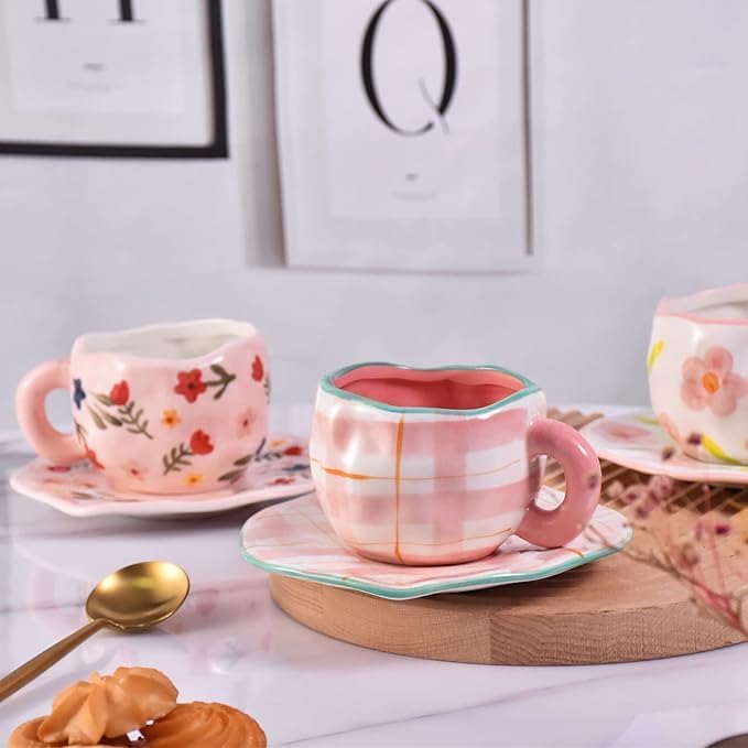 Elegant Porcelain Mug Pink Plaid Blue Rim with Saucer