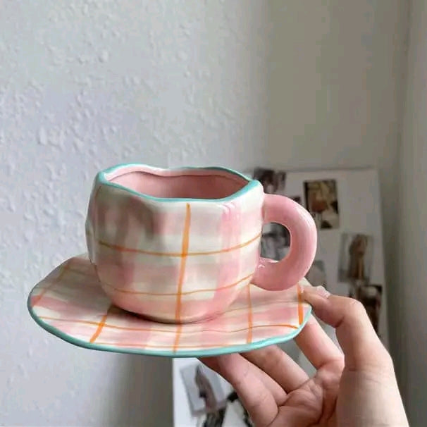 Elegant Porcelain Mug Pink Plaid Blue Rim with Saucer