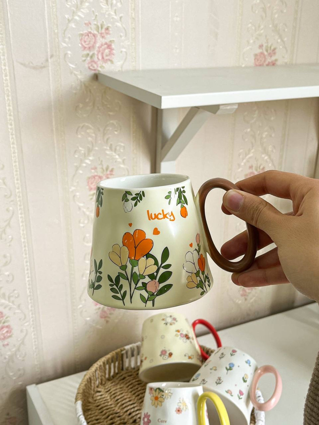 Lucky Floral Porcelain Mug – Brown Handle