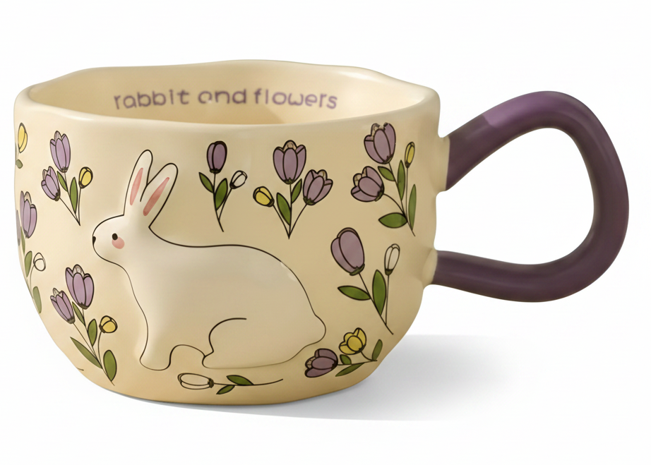 Cute Porcelain Mug Rabbit Flowers Purple