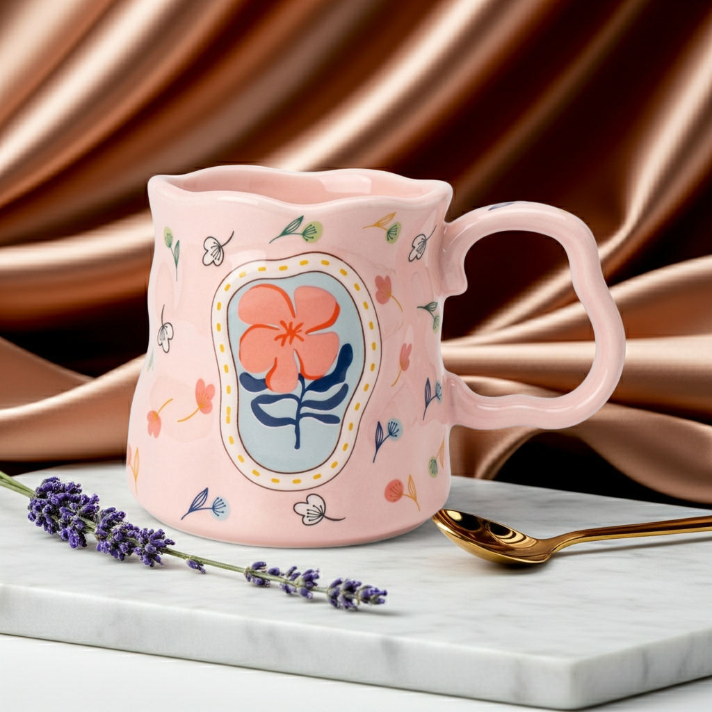 Cute Porcelain Mug Handmade Floral Pink