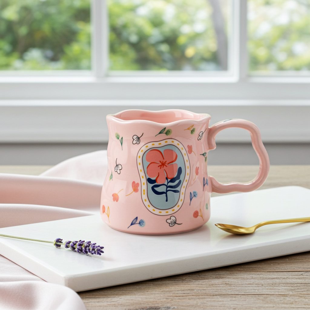 Cute Porcelain Mug Handmade Floral Pink