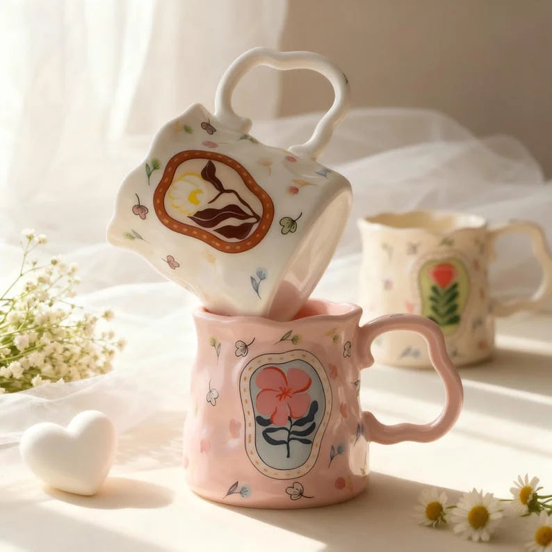 Cute Porcelain Mug Handmade Daisy Cream