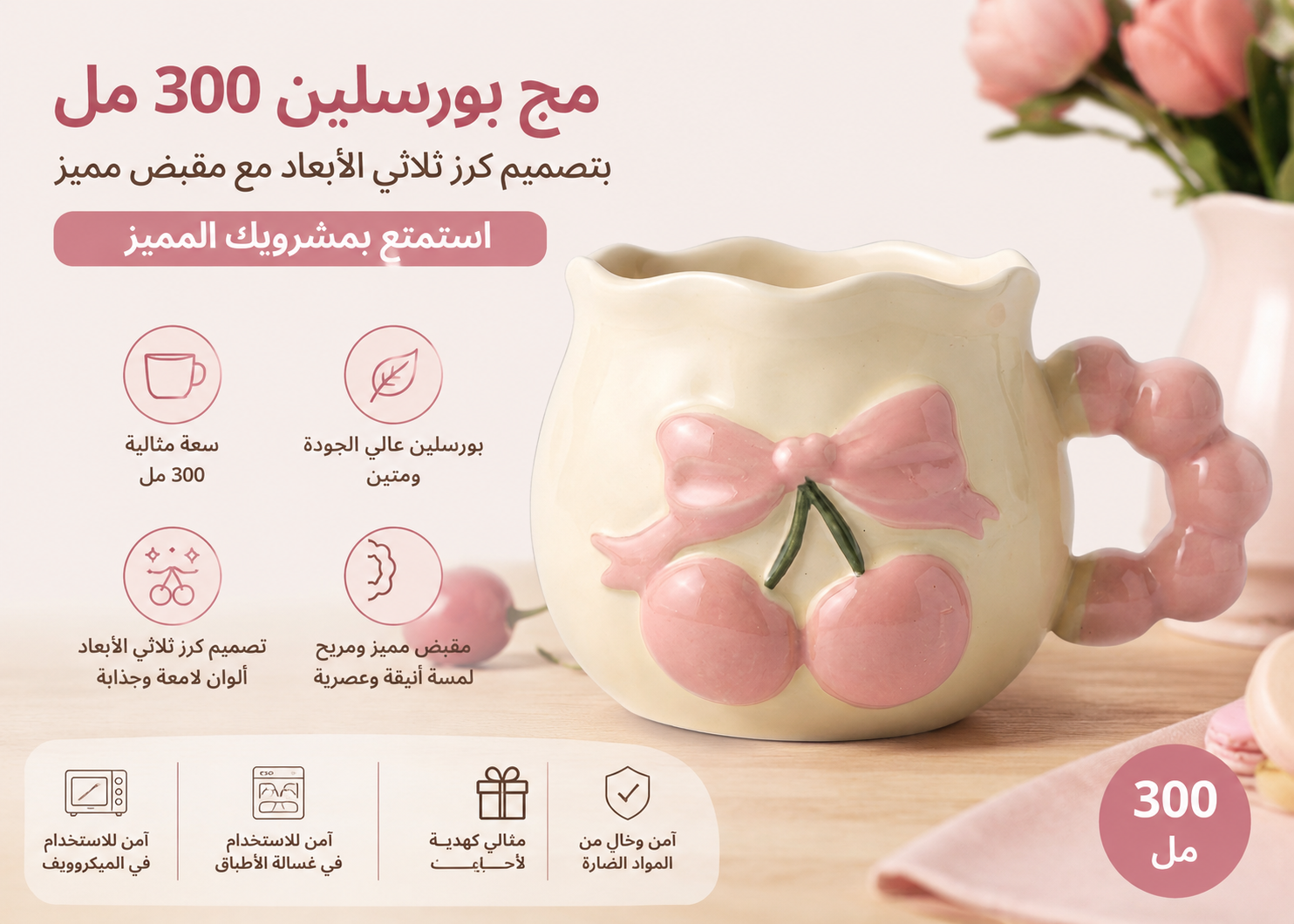 Cute Pink Heart Handle Porcelain Mug