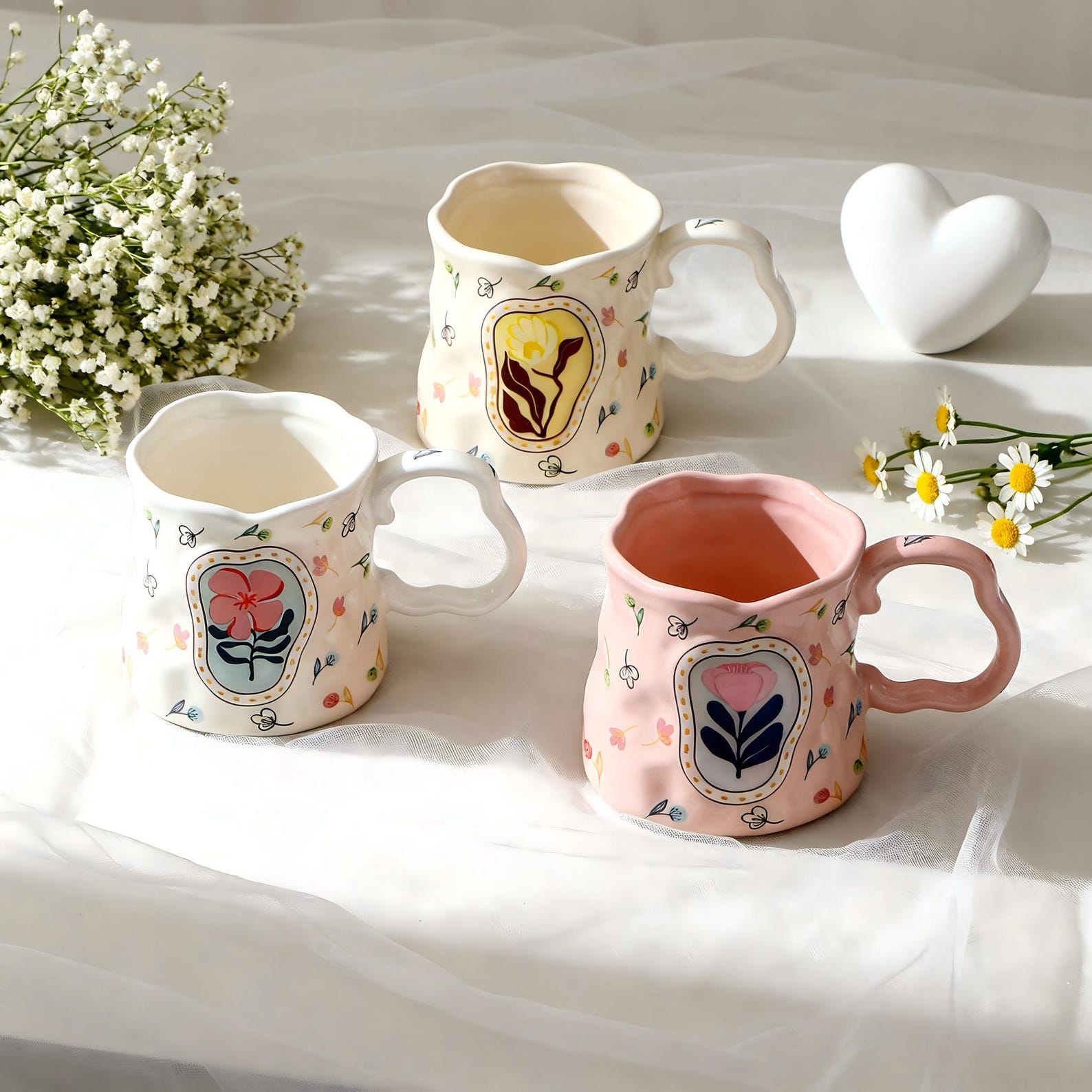 Cute Porcelain Mug Handmade Floral Pink